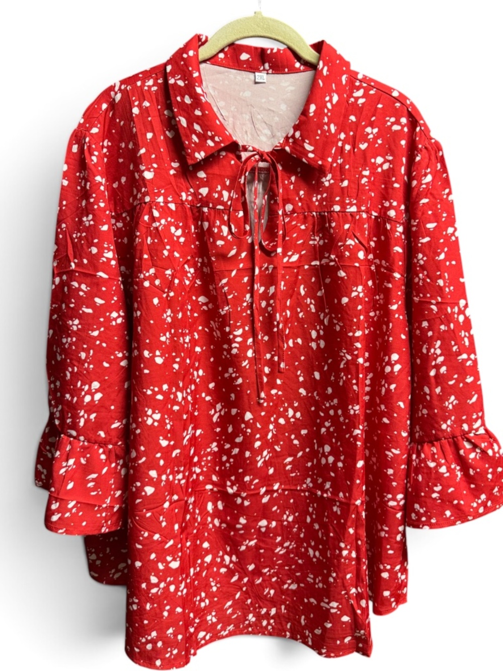 2XL Red White Abstract Splatter Print Bell Sleeve Tie Neck Blouse